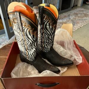 Old Gringo Black and Silver Zebra Print Boots Burnt Orange Trim